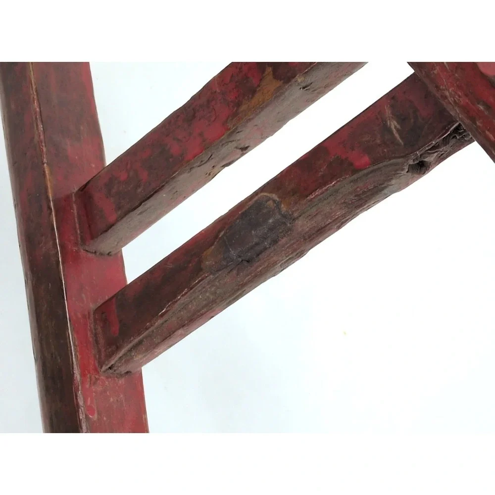 Antique Chinese Elm Red Painted Stool Chair Primitive 1900 Mortise Tenon Bench